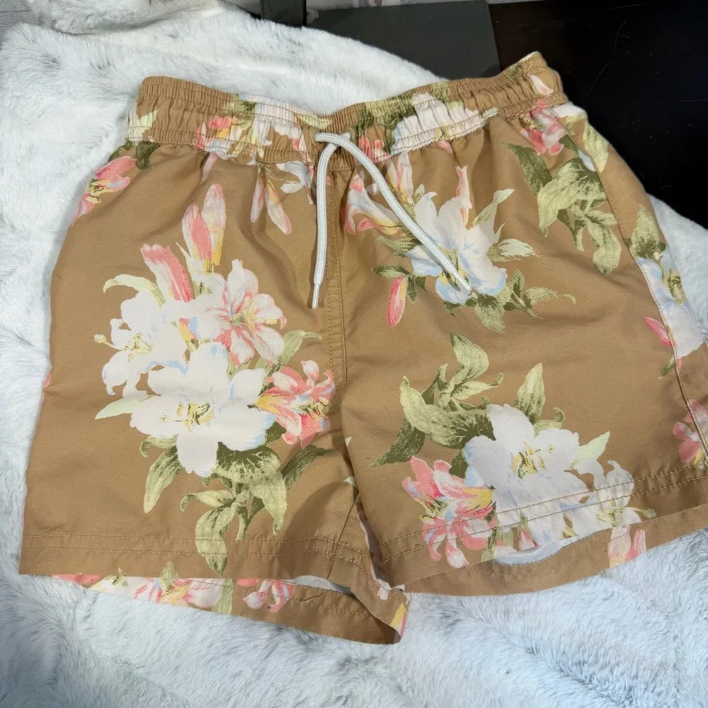 Janie and Jack Floral Drawstring  swim Shorts - Tan & Beige size 4 / 5